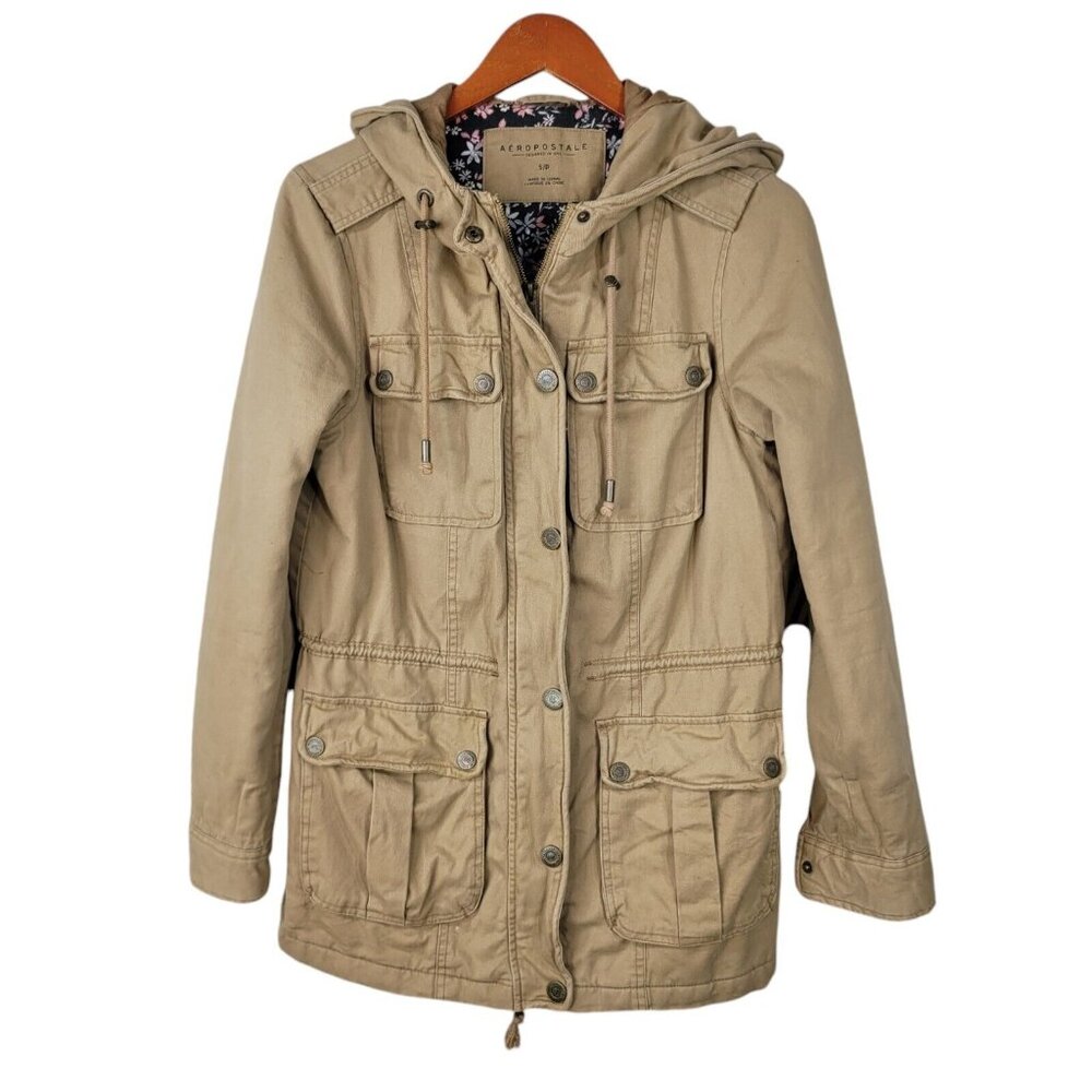 Aeropostale Field Jacket Size Small Hooded Coat Classic Casual Tan Brown Safari
